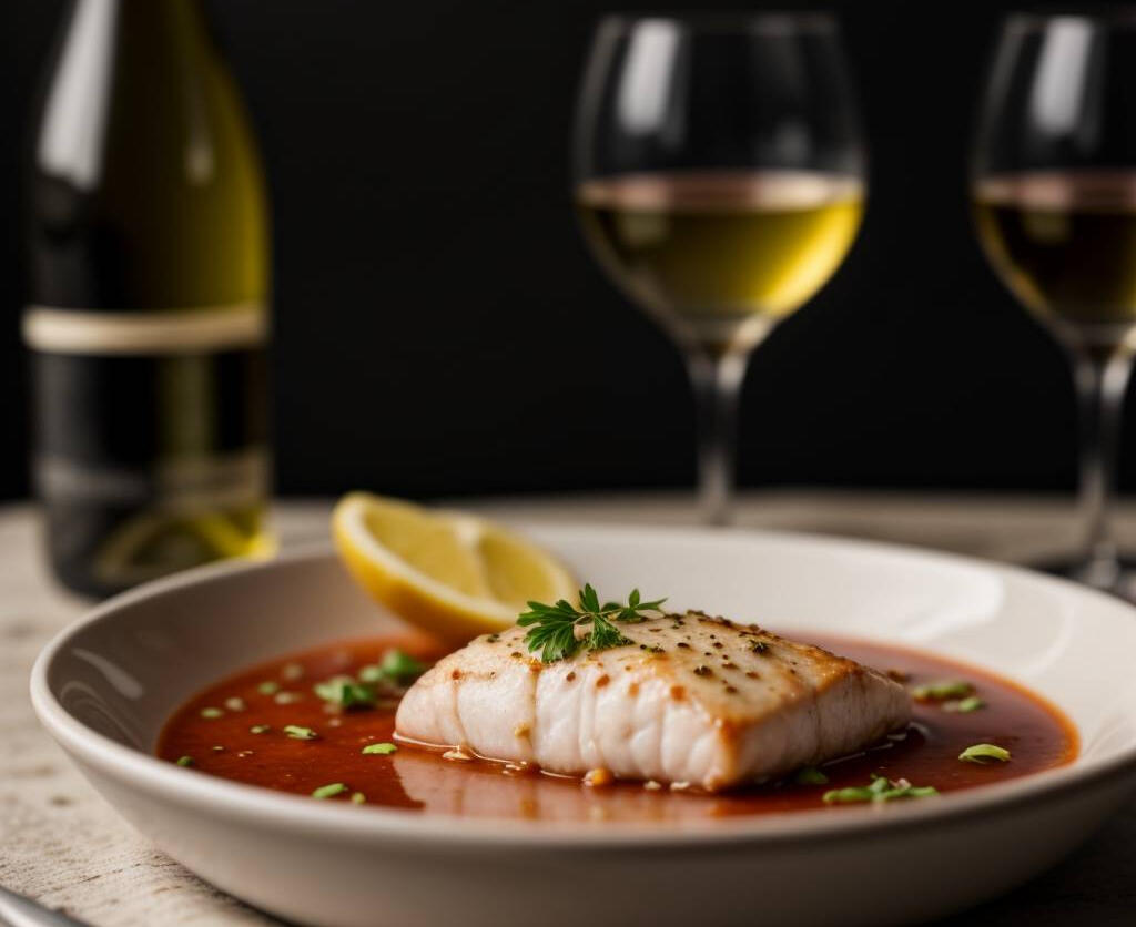 Seared barramundi in a flavorful tomato broth paired with a zesty Vermentino.